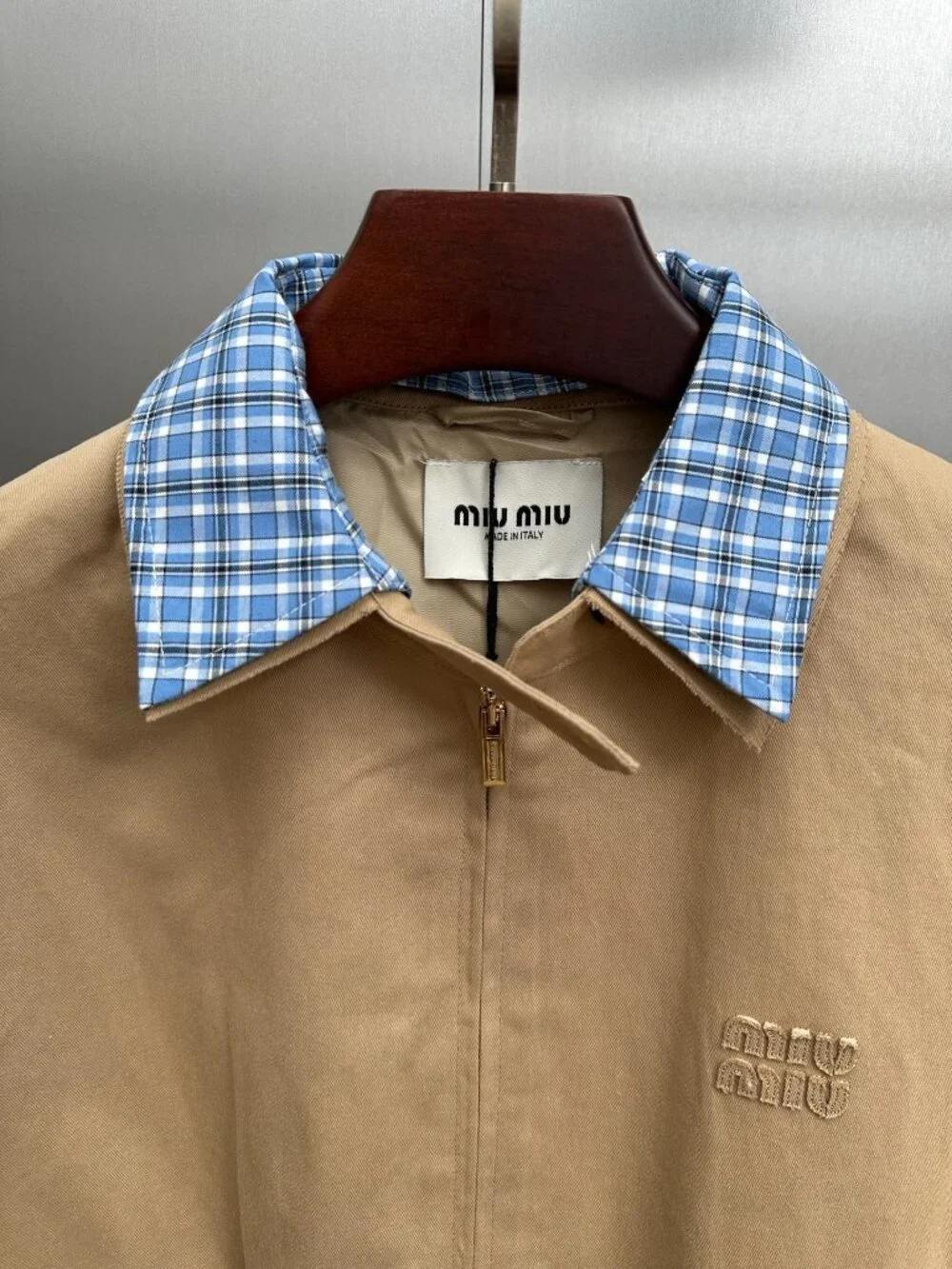 Miu Miu Women's Casual Zip-Collar Faux Two-Piece Jacket — Beige - Picture 5 of 6